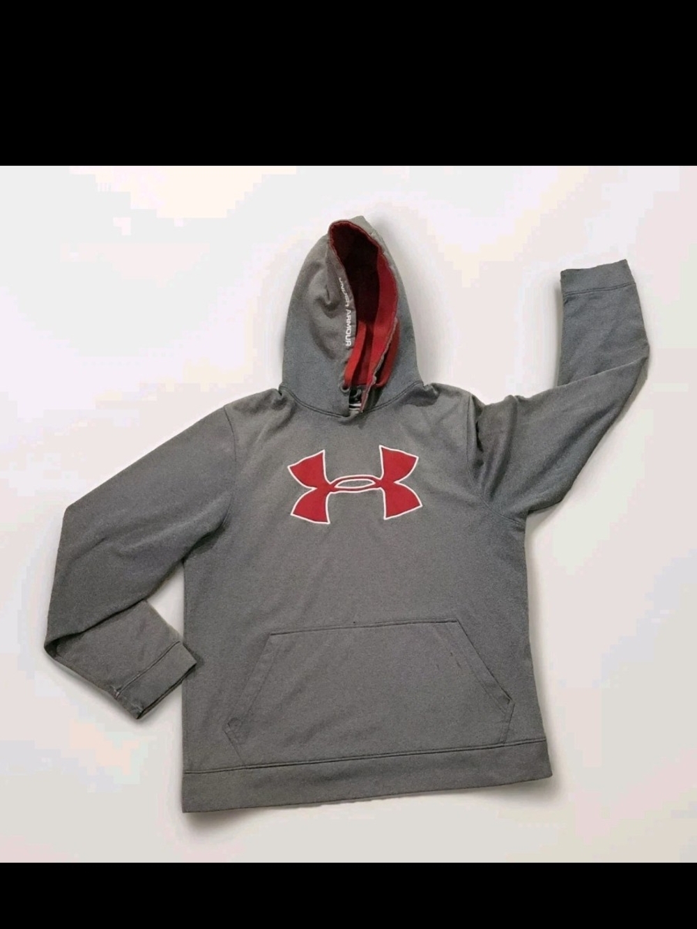 Under Armour Hoodie Men's Medium Gray Red  Pullover Sweatshirt Big Logo Storm
